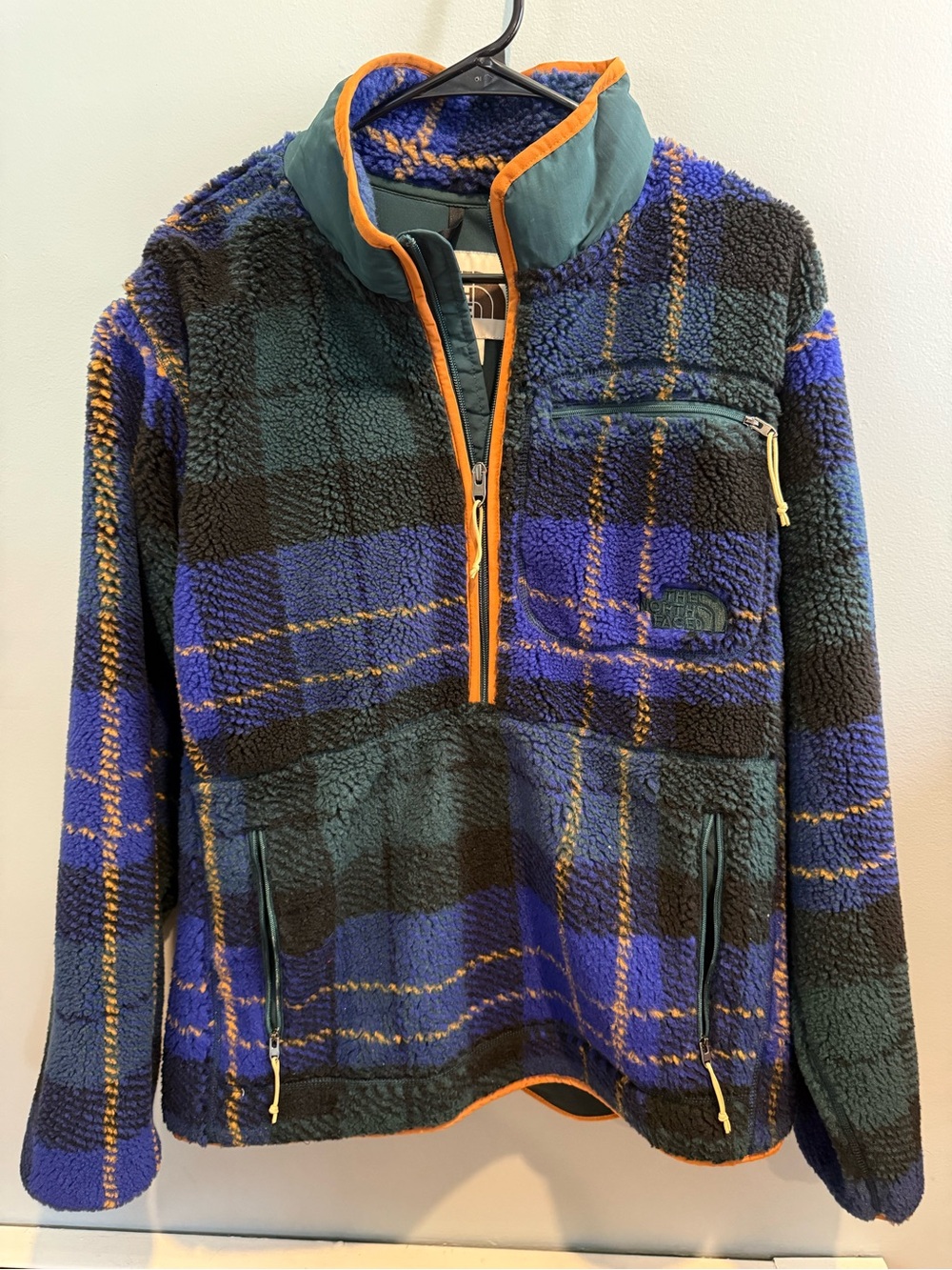 The North Face Men’s Blue & Black Plaid Sherpa Fleece Pullover